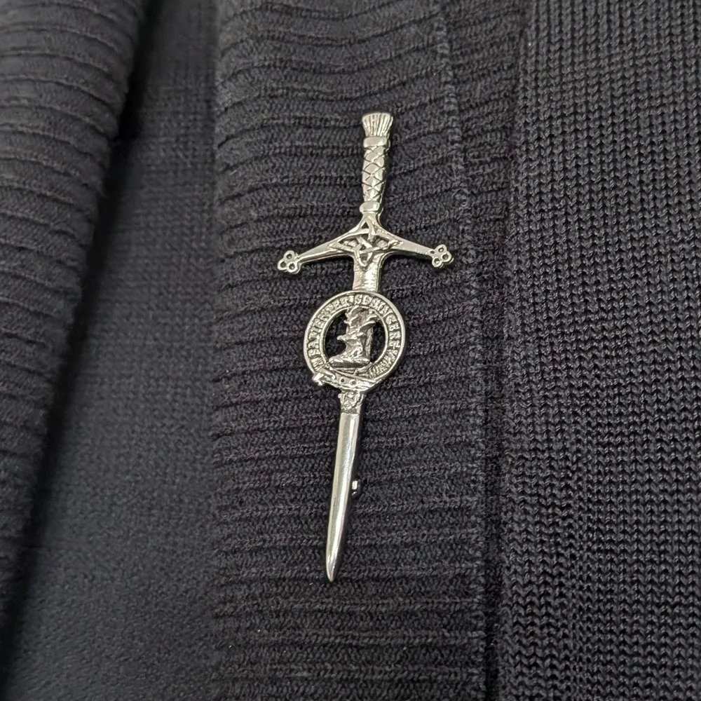 VTG Kilt Pin Sapienter Sincere Scottish Sword Brooch Pewter Clan Farquharson Pin
